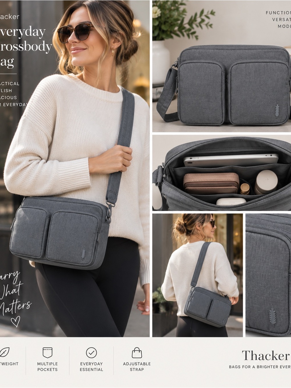 Everyday Gray Women's Crossbody Bag with Dual Front Pockets